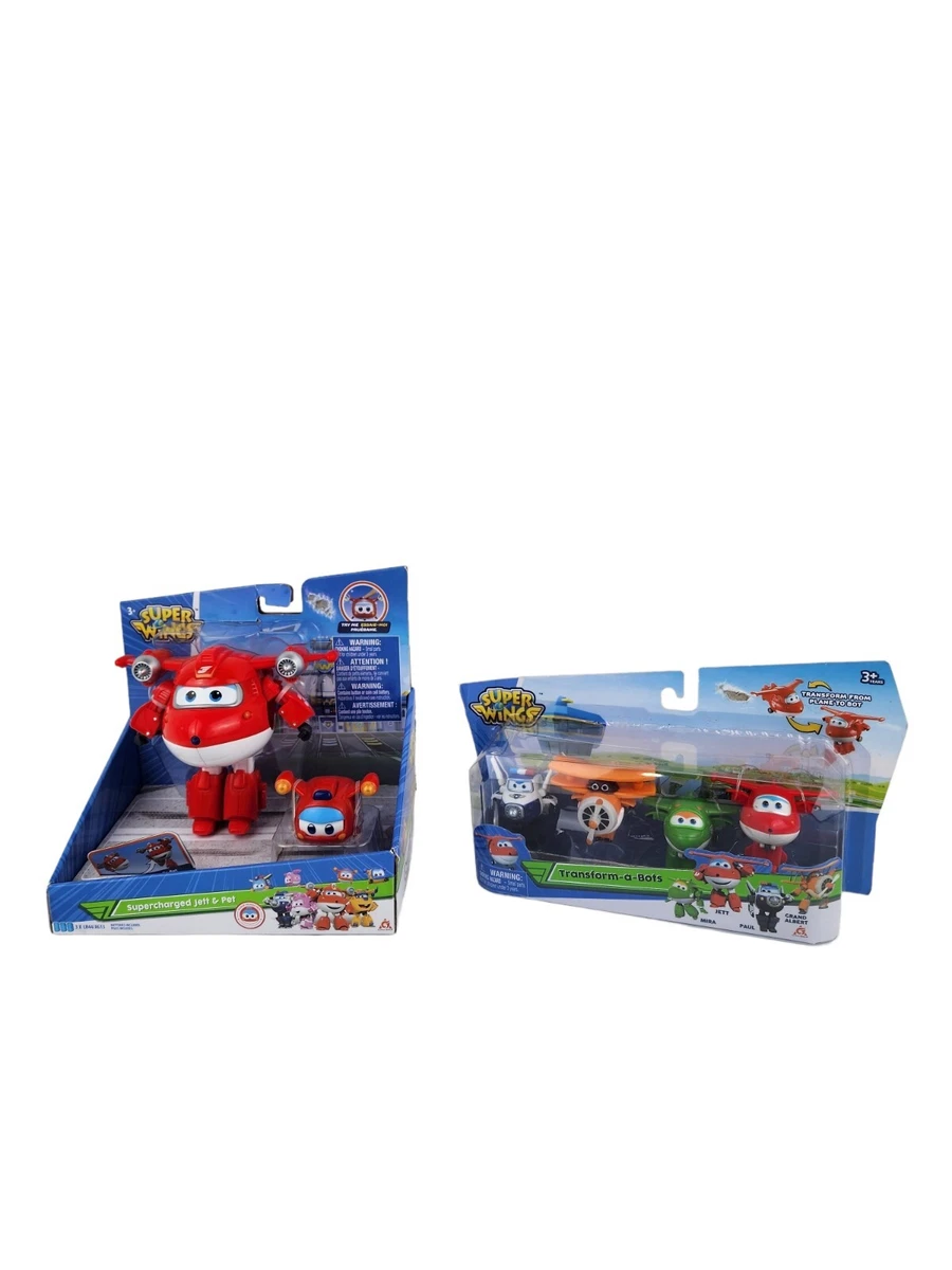 Pack de 4 Super Wings Transform a Bots Jett Paul Mira Albert & Supercharged  Jett