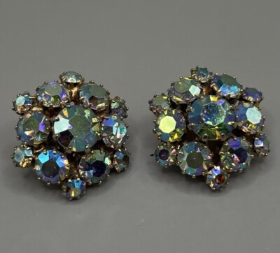Weiss Women s Clip Earrings Gold Tone Faceted Aurora Borealis Rhinestones 0.75 