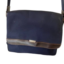 Villager Liz Claiborne Small Navy Blue Fabric & Faux Leather Shoulder Bag AS IS