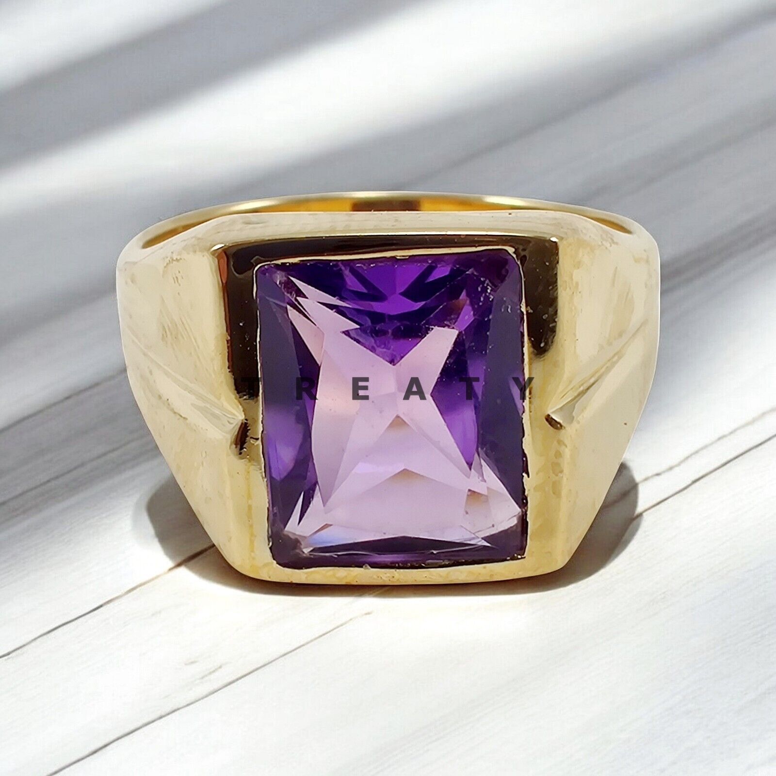 Amethyst Emerald Cut Gemstone With 925 Sterling Gold Plated Ring For Men's #418