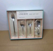 4 Piece Oneida Silverplate Child Baby Gift Set Engravable Spoon, Fork - NEW