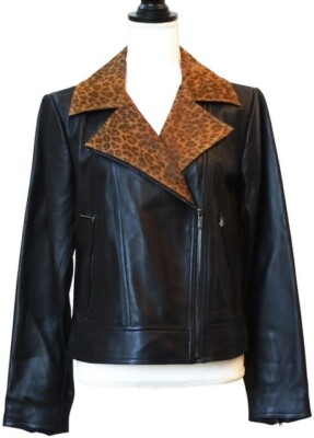 NEIMAN MARCUS  Black Lambskin Leather w/Leopard-print Collar Moto Jacket Sz L