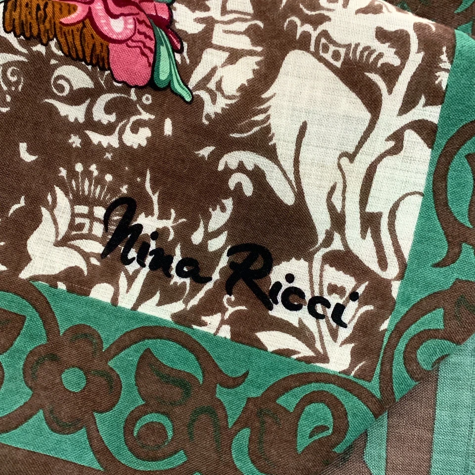 Bufanda de lana Nina Ricci 46"x47" - patrón barroco marrón y verde, vintage #a17 Foto 3 de 3