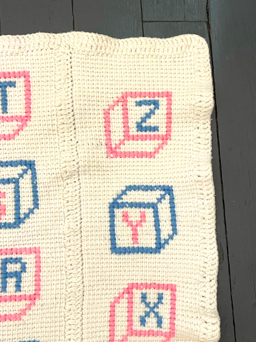 Handmade Baby Blanket Knitted Pink White Blue Alphabet Blocks 30" x 25" - Picture 10 of 16