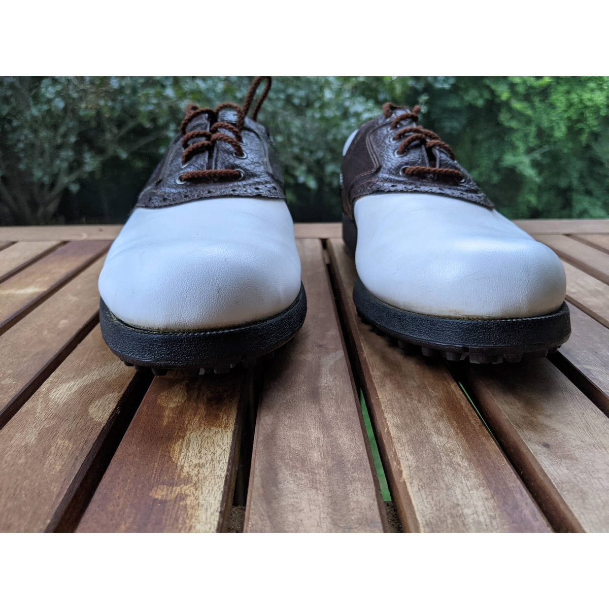 FOOTJOY FJ Greenjoy WHITE / BROWN SADDLE GOLF SPIKE SHOES 