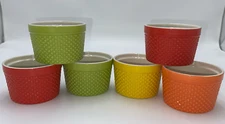 6 Crate & Barrel Ramekin Custard Prep Cups RED GREEN YELLOW ORANGE Hobnob Dots