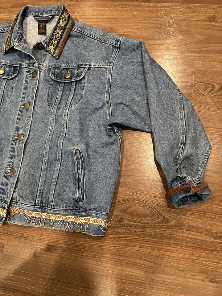 Vintage 90s SHAVER LAKE Aztec Embroidered Beads Denim Jacket Women's XL - Image 4 of 4