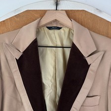 VINTAGE Tuxedo Jacket Mens 37L Tan 1 Button Wide Peak 70s Polyester After Six