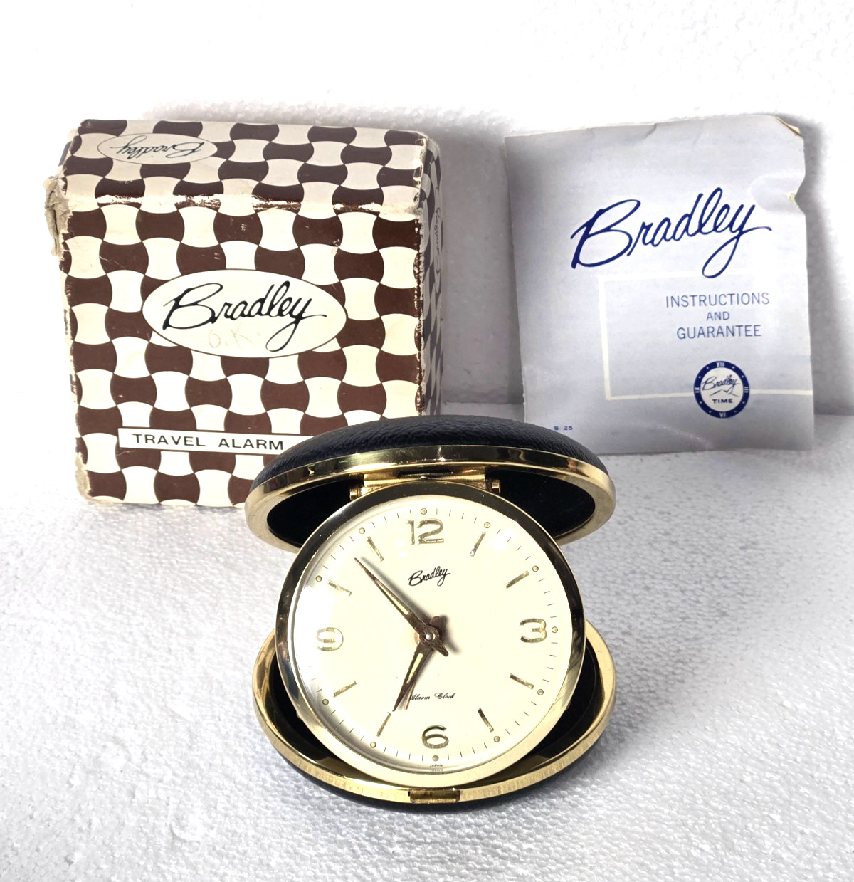 Vintage Bradley Folding Travel Alarm Clock Wind-Up Gold Tone With box Tested