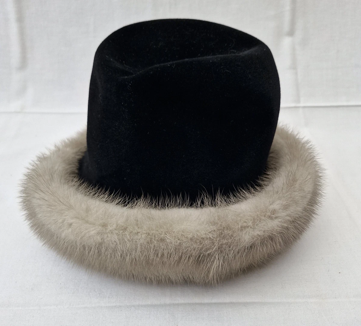 Edler Vintage Damen Hut – Schwarzer Samt mit echtem Pelzbesatz – Gr. 53 – Top...