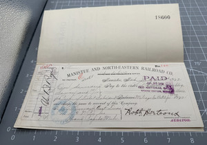 1892 Manistee & North-Eastern Railroad Company, Michigan, Canceled Check