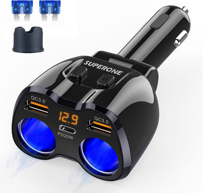Cigarette Lighter Splitter, SUPERONE 180W 2-Socket Adapter with PD USB-C