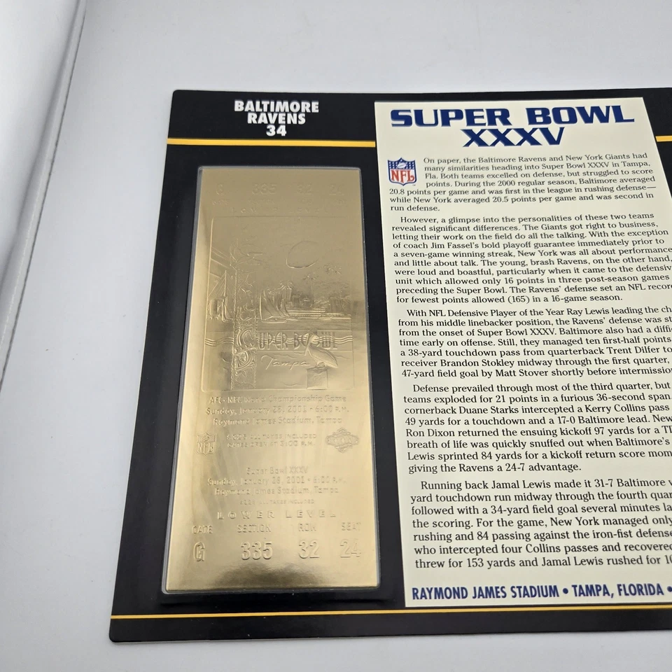 Placa Jugador Más Valioso del Super Bowl XXXV 35 2001 22K Boleto Oro Ravens Giants NFL Ray Lewis Foto 3 de 4