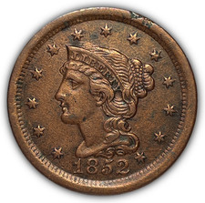 1852 Braided Hair Large Cent Almost Uncirculated AU Coin, Cleaning #26459