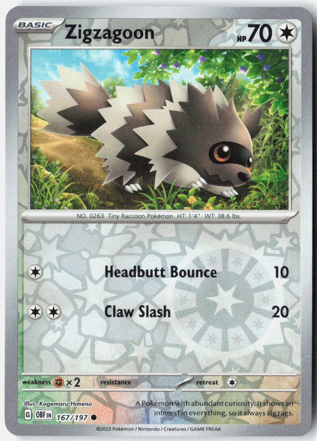 Zigzagoon SV03: Obsidian Flames 167/197 Pokemon Card Reverse Holo