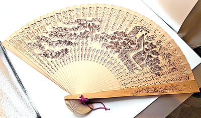 Vintage China Japan Fan Wood Great Wall Design and box