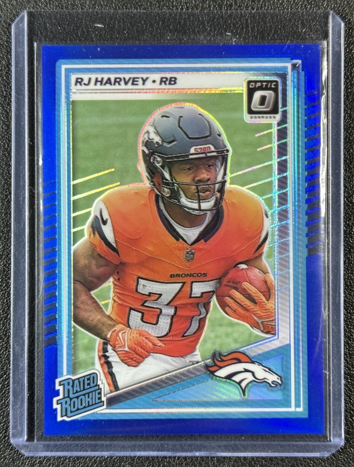 RJ HARVEY 2025 PANINI DONRUSS OPTIC #208 RATED ROOKIE BLUE PRIZM 207/249 BRONCOS
