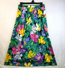 Vintage 80s Lombardi Inc. Pleated Midi Tropical Skirt 8 Green Festival Colorful