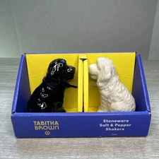 Tabitha Brown Black  & White Dog Salt Pepper Shaker Set Stoneware NIB