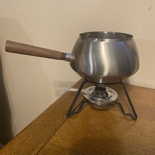 Vintage Fondue pot and heating pot, Stainless steel, wood handle.  Made in Japan