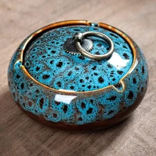 Handmade Ceramic Ashtray With Lids Windproof Ashtray Smokeless For Indoor Or
