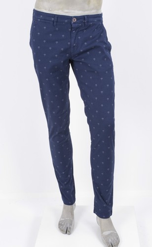 PANTALONE PULP CHINOS SLIM FIT STRETCH MICRO FANTASIA "PALME" BIANCO E AZZURRO - Foto 2 di 2