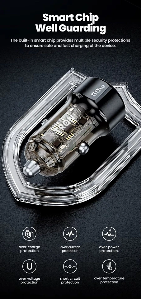 Carregador de carro TRON 2 portas PD USB C carregamento rápido 60W - Imagem 2 de 4