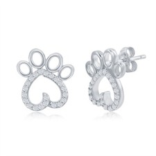 Sterling Silver Paw Print CZ Stud Earrings