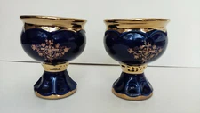 Vintage Pair Candle Holders, Cobalt Blue, Hand Made&Painted, Gold Paint, 3 6/8"