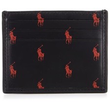 NWT POLO Ralph Lauren Men's Leather Card Case Allover Logo Big Pony Black Red