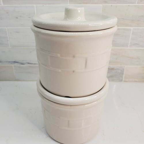 2 Longaberger 1 PINT Crocks Woven Traditions Container Stacking Set Ivory - Picture 7 of 24