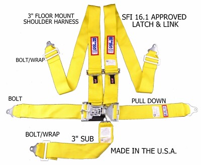 RJS RACING SFI 16.1 LATCH & LINK 5 PT FLOOR MOUNT HARNESS YELLOW 1131006