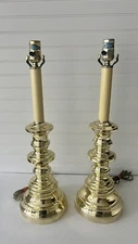 Pair of Vintage Polished Brass Alsy 3 Way Candlestick 22” Tall Table Lamps