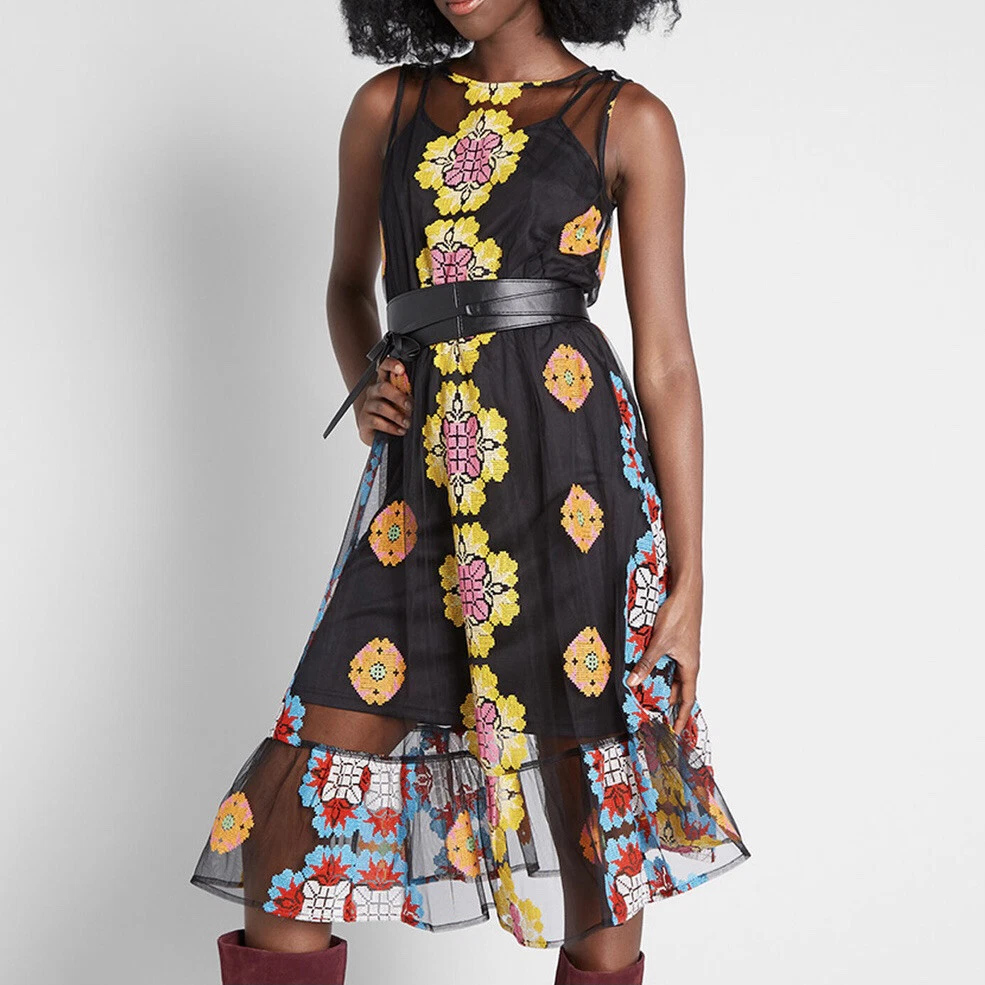 ModCloth Size XXS Follow My Lead Embroidered Midi Dress Floral Black Yellow