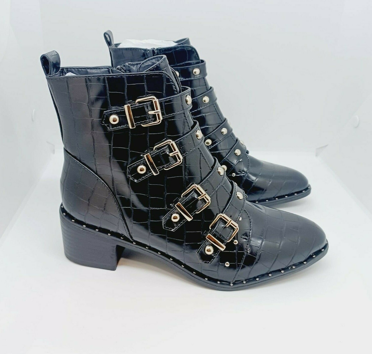 buckle Booties boots Black croc pattern 