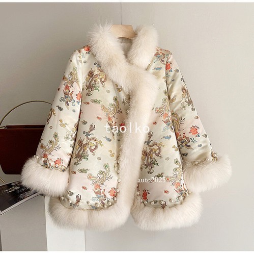 Chinese Style Women Faux Fur Collar Coat Embroidery Cotton Padded Cloak Overcoat - Picture 16 of 25
