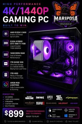 Mariposa Immortal PC Gaming Desktop Ryzen 5 3600 GTX 1080 Ti 16GB 1TB+1TB
