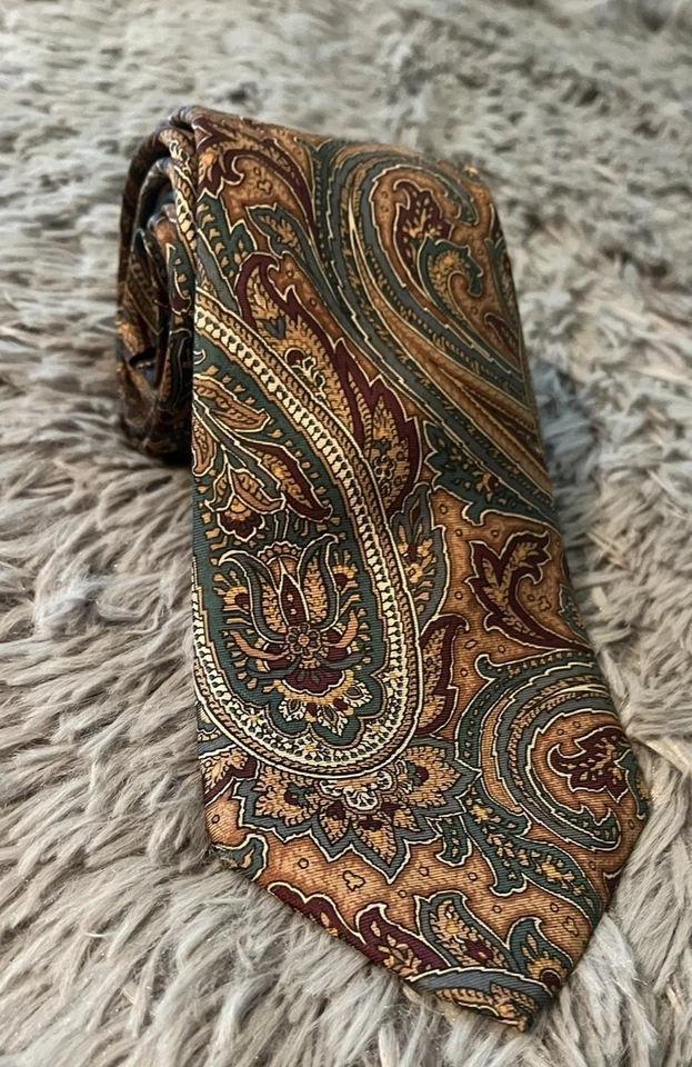复古 Hathaway 领带男式棕色绿色佩斯利全丝绸美国制造领带 90 年代 — 第 2/4 张图片