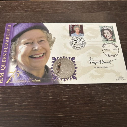 Falklands Governor, REX HUNT Signed 21.4.2001 Queen Elizabeth 11 70th FDC Coin