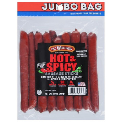 Hot & Spicy Sausage Snack Sticks, Naturally Smoked, Ready to Eat, High Protein,