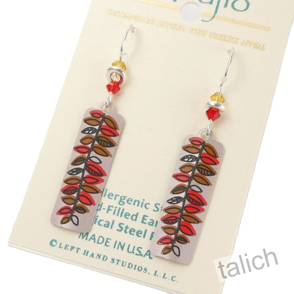 Adajio Earrings Warm Silver Column with Red and Tan Fern Leaf Handmade 7725 - Image 3 of 4