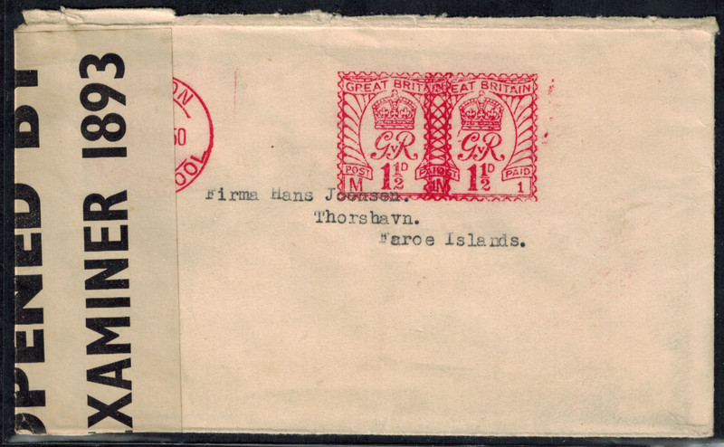 WWII Great Britain Censor Cover 1940 Tape 1893 A to FAROE ISLANDS & Cds Error