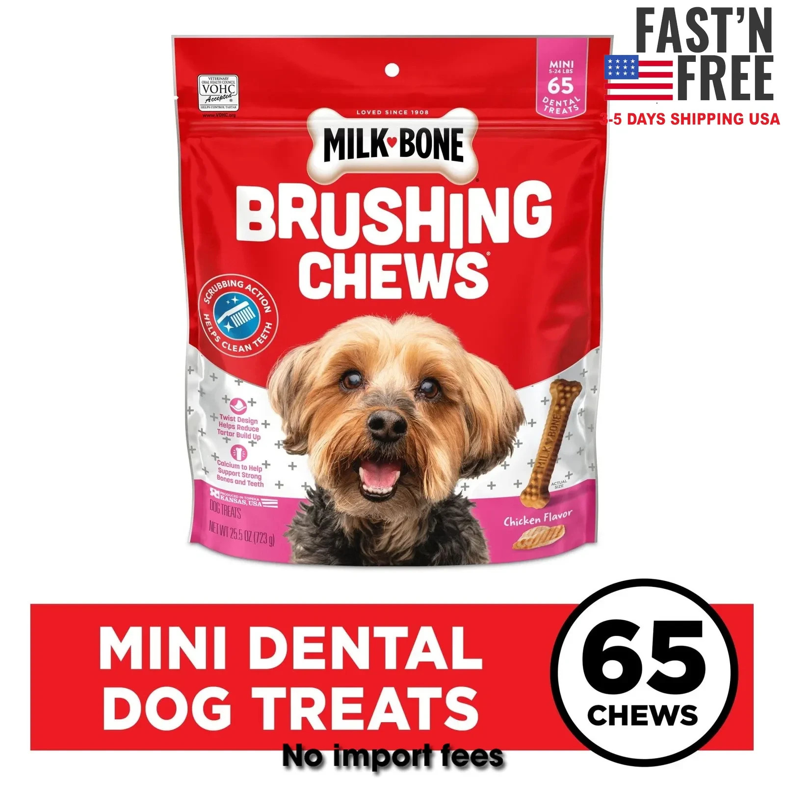 Milk Bone Brushing Chews Daily Dental Dog Treats , 25.5 oz Bag, 65 Bones Per Bag