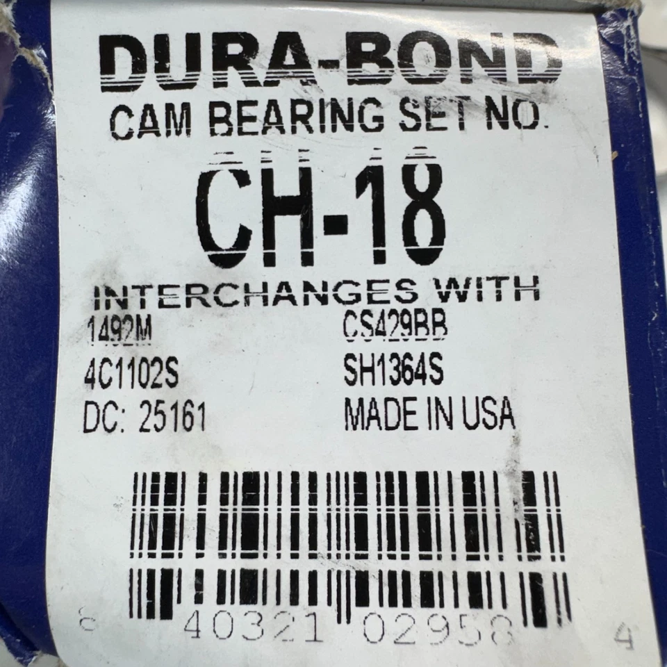 Juego de cojinetes de leva Dura-Bond CH18 Chevy GM 2.8, 3.1, 3.4, 173, 189, 207, 1980-2009 Foto 2 de 3