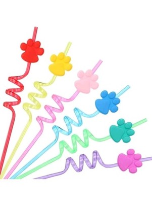 24 PC Reusable Crazy Straws. Party Pack. Puppy Paws Toppers W/Cleaning Brush