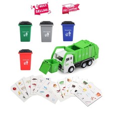 Friction Powered Garbage Truck Toy Set with 4 Colorful Bins  Learning Cards