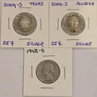 Lot of 3, 90% Silver Quarters  2004-S Silver Proofs (TX, FL) + 1948-S Washington