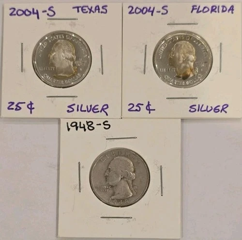 Lot of 3, 90% Silver Quarters  2004-S Silver Proofs (TX, FL) + 1948-S Washington