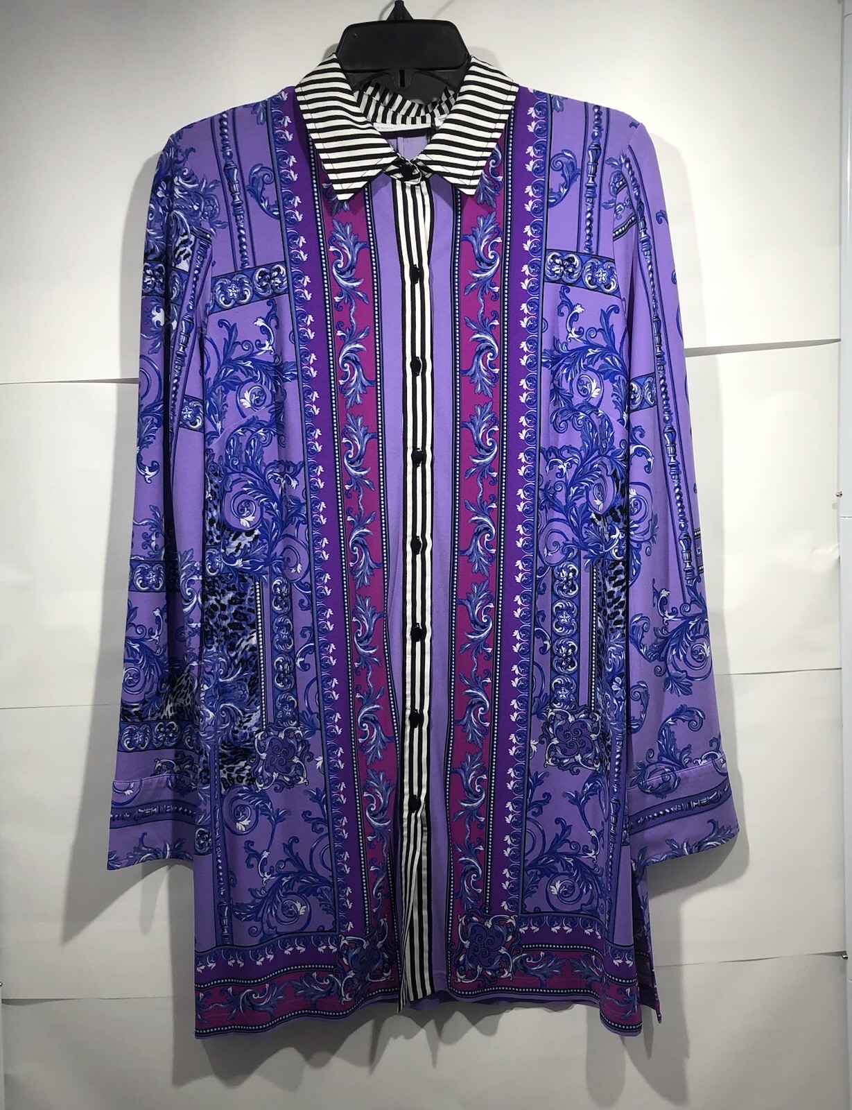 Susan Graver Baroque Button Down Tunic Top Women's Small Purple Stretchy Soft