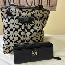 Coach Black and Tan Signature Tote with Leather Handles and leather Coach wallet